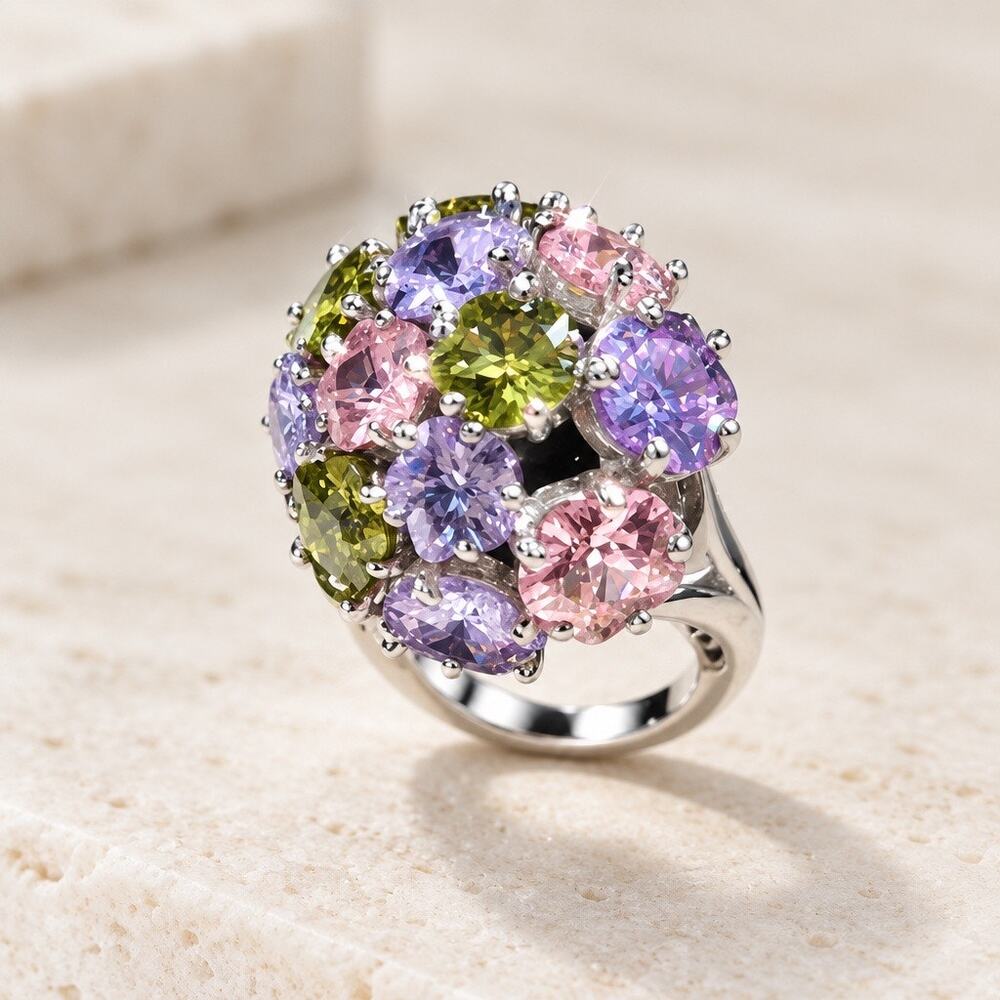 Pastel Cluster Heavy Rhodium Plated Ring, Premium Multi Stone, High Refraction